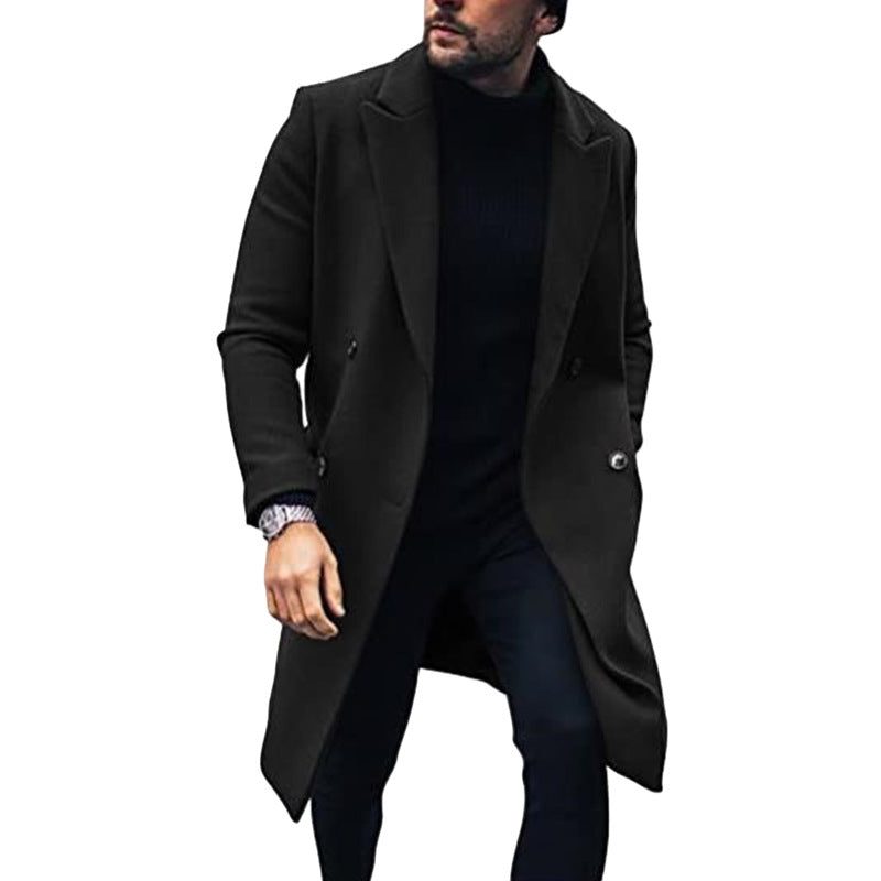 Double-Breasted Long Wool Overcoat for Men - Schwarz