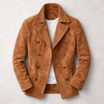 Double-Breasted Suede Jacket with Notch Lapel for Men - Brown