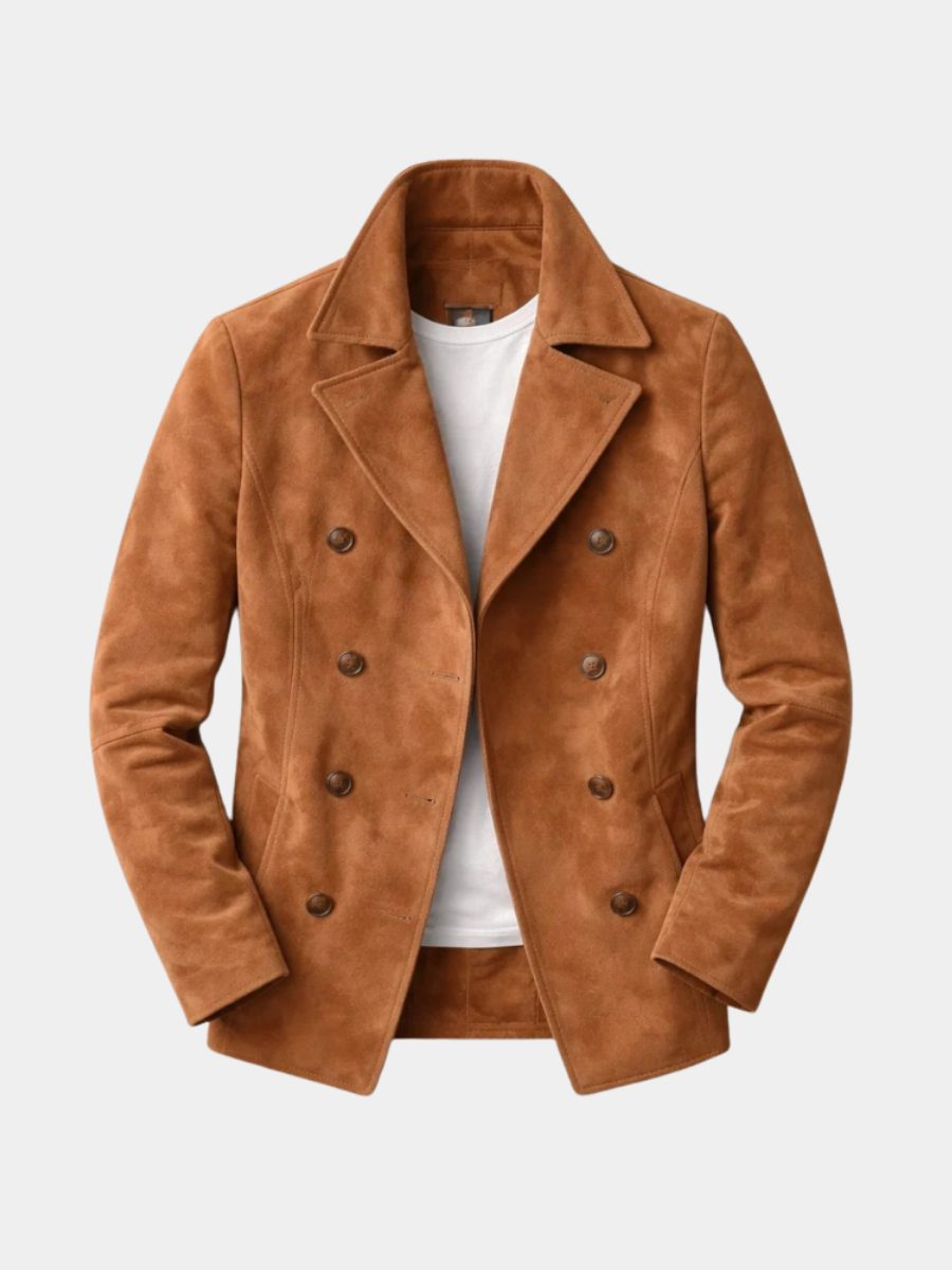 Double-Breasted Suede Jacket with Notch Lapel for Men