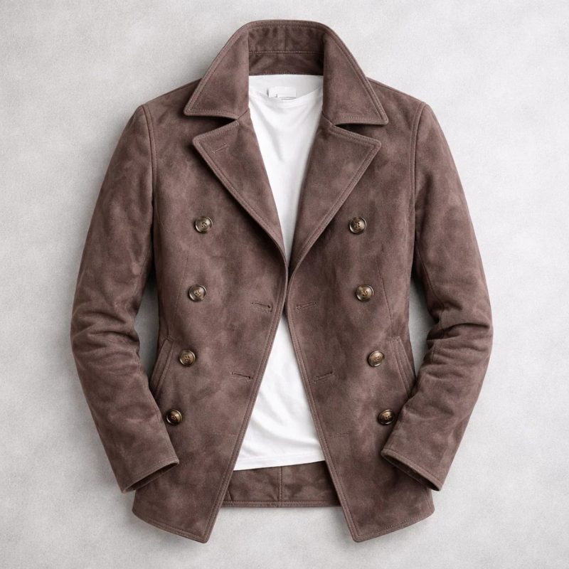 Double-Breasted Suede Jacket with Notch Lapel for Men - Dark Brown