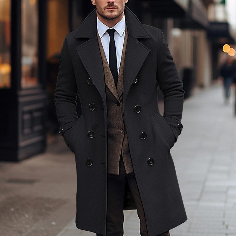 Double-Breasted Wool Winter Overcoat for Men - Schwarz