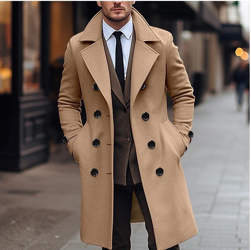 Double-Breasted Wool Winter Overcoat for Men - Khaki
