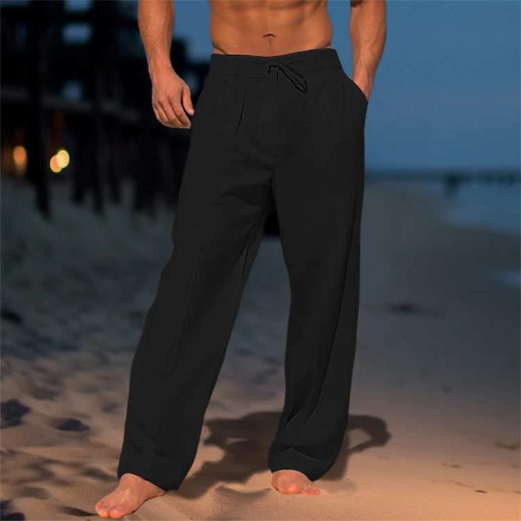 Drawstring Linen Straight Leg Trousers for Men - Black