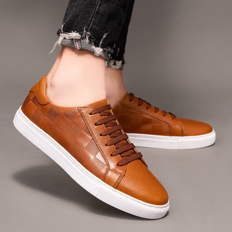 Embossed Checkerboard Leather Shoes Low Top Sneakers for Men - View 3