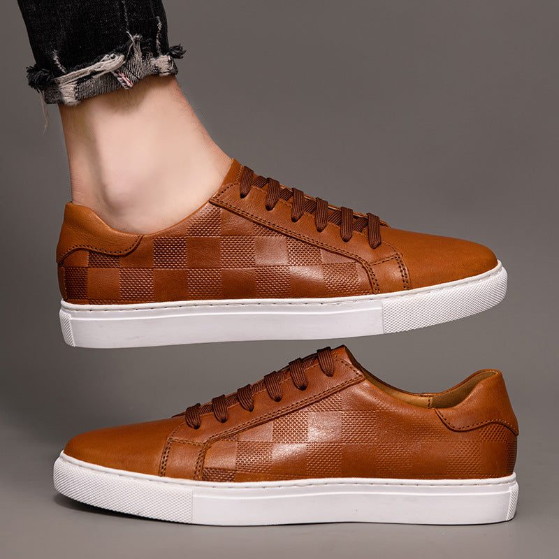 Embossed Checkerboard Leather Shoes Low Top Sneakers for Men - View 4