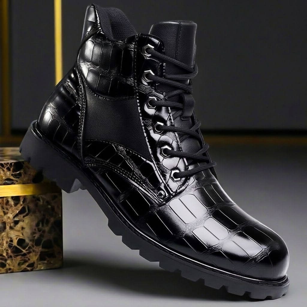 Embossed Leather Lace-Up Combat Boots for Men - Obsidian Black