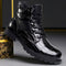 Embossed Leather Lace-Up Combat Boots for Men - Obsidian Black