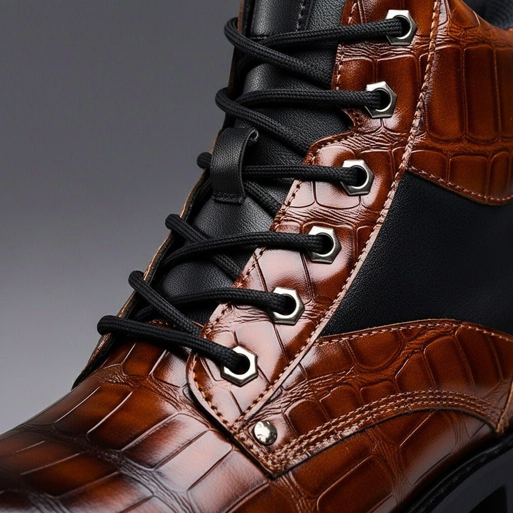 Embossed Leather Lace-Up Combat Boots for Men - View 3