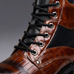Embossed Leather Lace-Up Combat Boots for Men - View 3