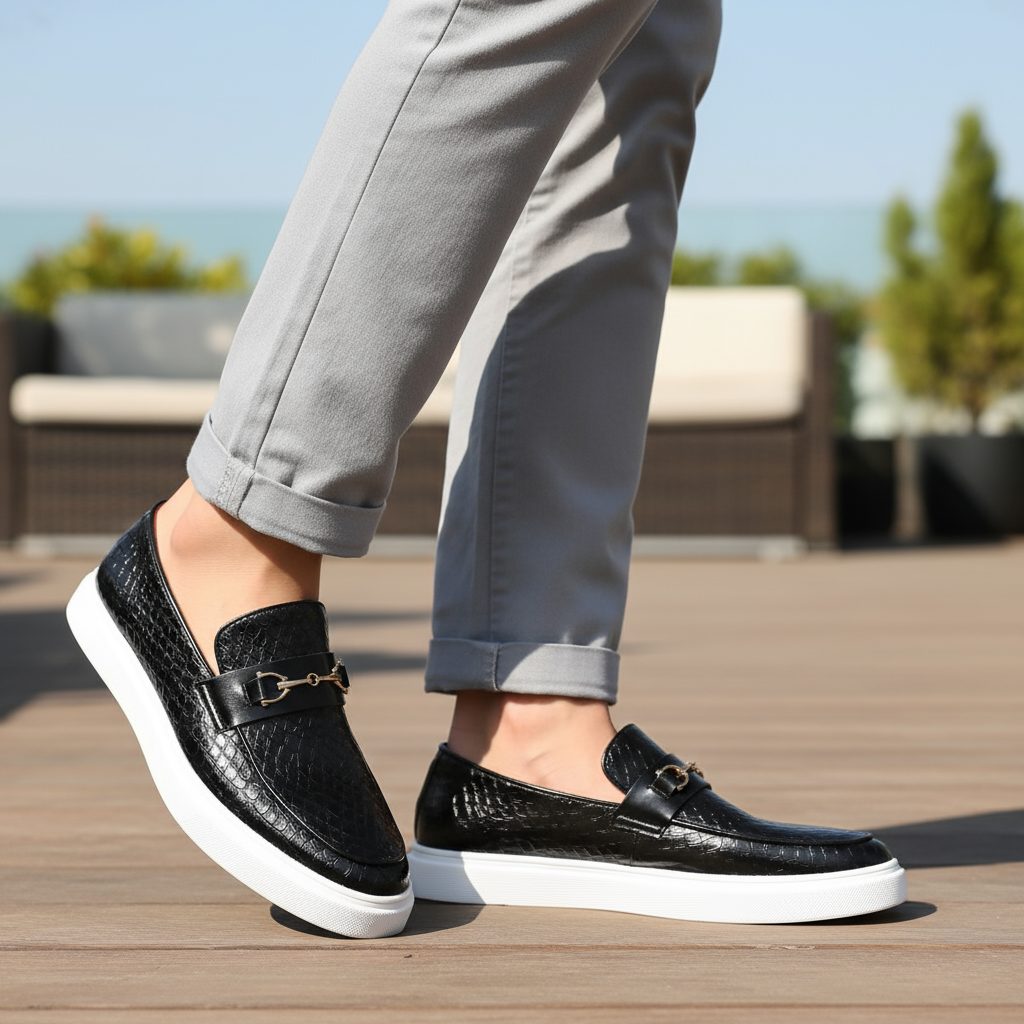 Embossed Slip-On Loafer Shoes with Horsebit Buckle for Men - View 13