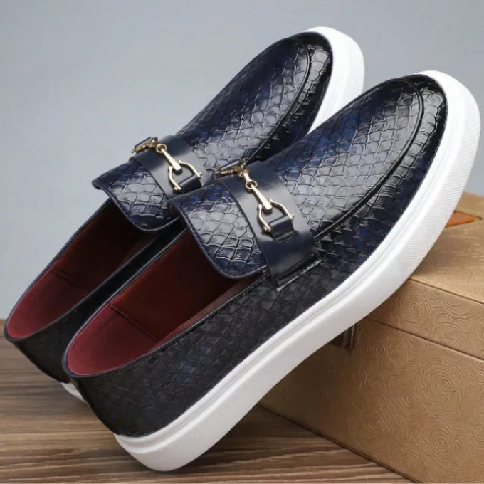 Embossed Slip-On Loafer Shoes with Horsebit Buckle for Men - Navy Blue