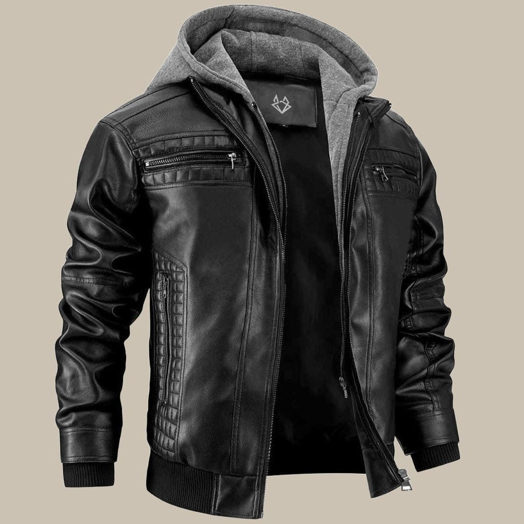Faux Leather Bomber Jacket with Removable Hood for Men