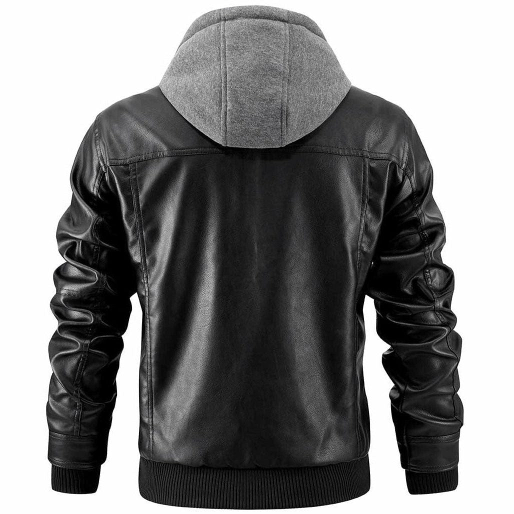 Faux Leather Bomber Jacket with Removable Hood for Men - View 4