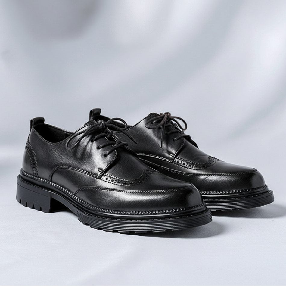 Faux Leather Brogue Derby Shoes with Lug Sole for Men - Black