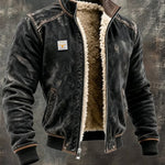 Faux Leather Fleece Lined Winter Bomber Jacket with Stand Collar for Men