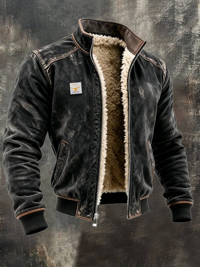 Faux Leather Fleece Lined Winter Bomber Jacket with Stand Collar for Men