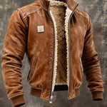 Faux Leather Fleece Lined Winter Bomber Jacket with Stand Collar for Men - Brown