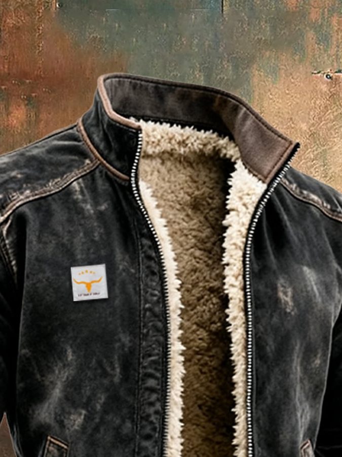 Faux Leather Fleece Lined Winter Bomber Jacket with Stand Collar for Men - View 3