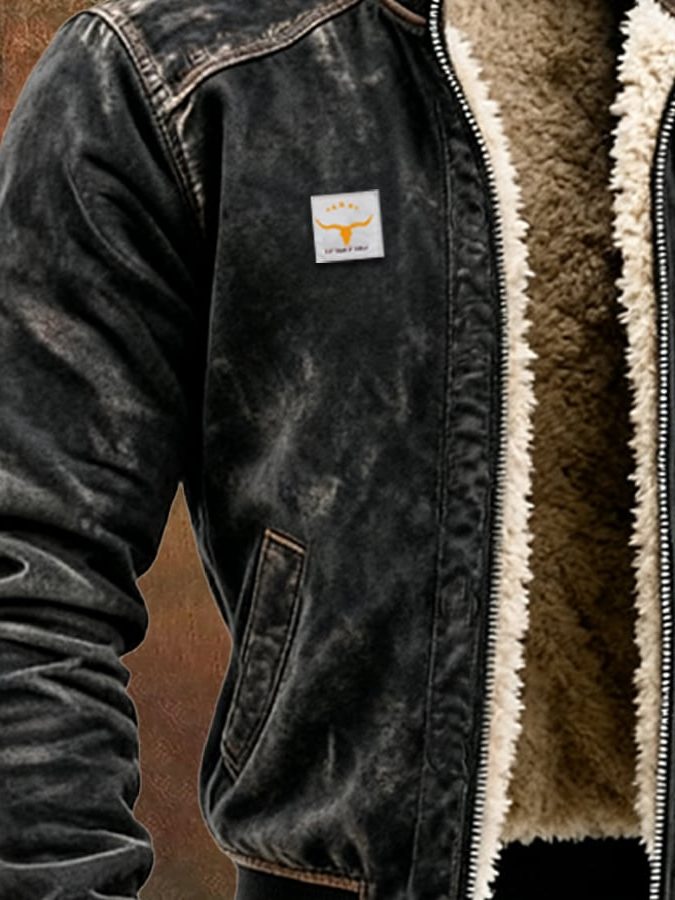 Faux Leather Fleece Lined Winter Bomber Jacket with Stand Collar for Men - View 4