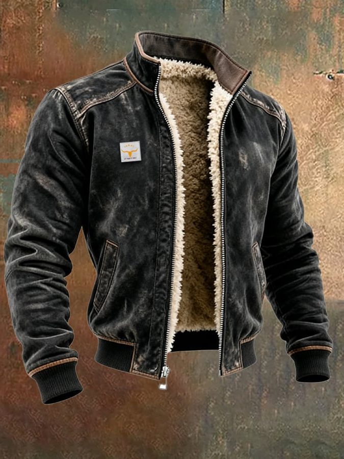Faux Leather Fleece Lined Winter Bomber Jacket with Stand Collar for Men - View 5