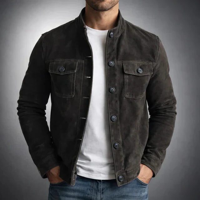Suede Button-Front Shirt Jacket for Men - Black