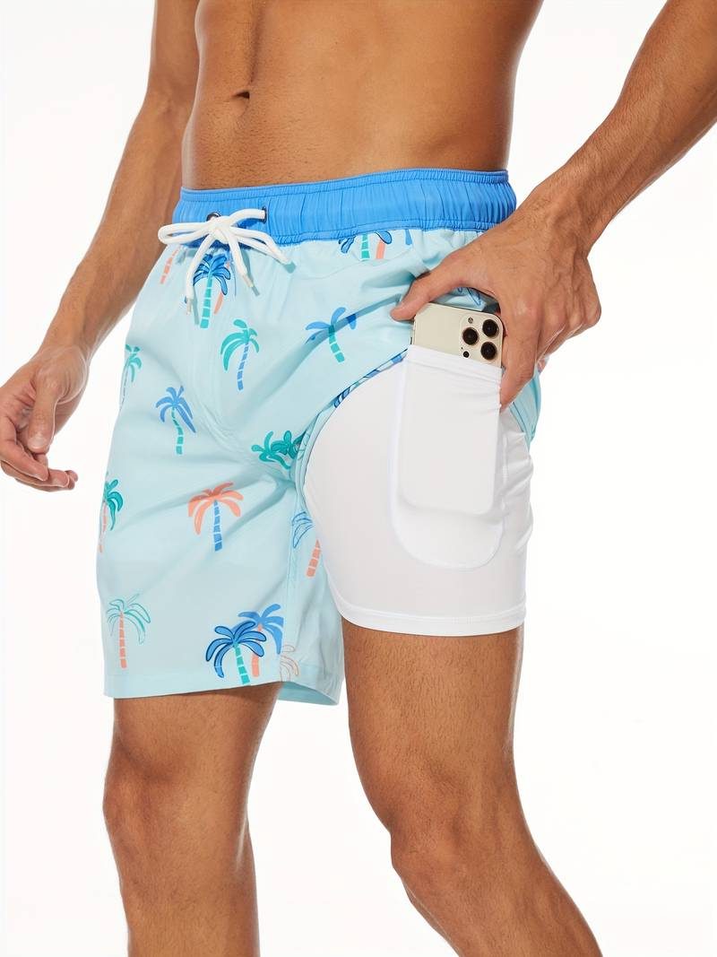 Flamingo Print Swim Shorts for Men - Light Blue