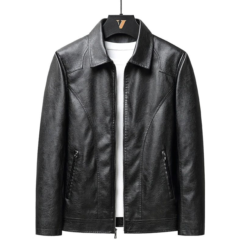 Genuine Leather Zip-Up Jacket for Men - Black