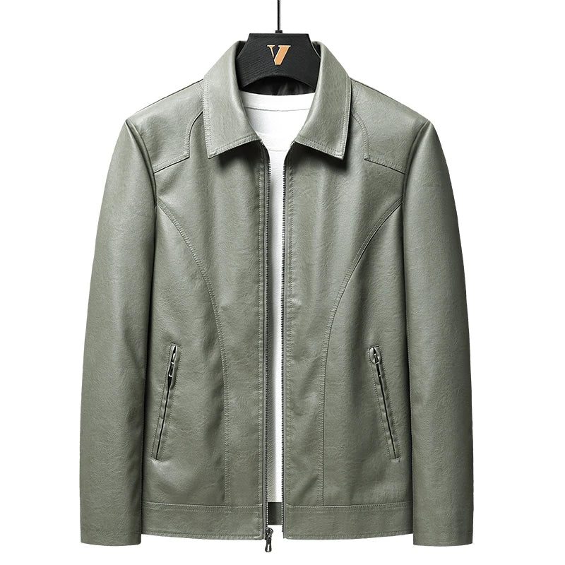 Genuine Leather Zip-Up Jacket for Men - Green