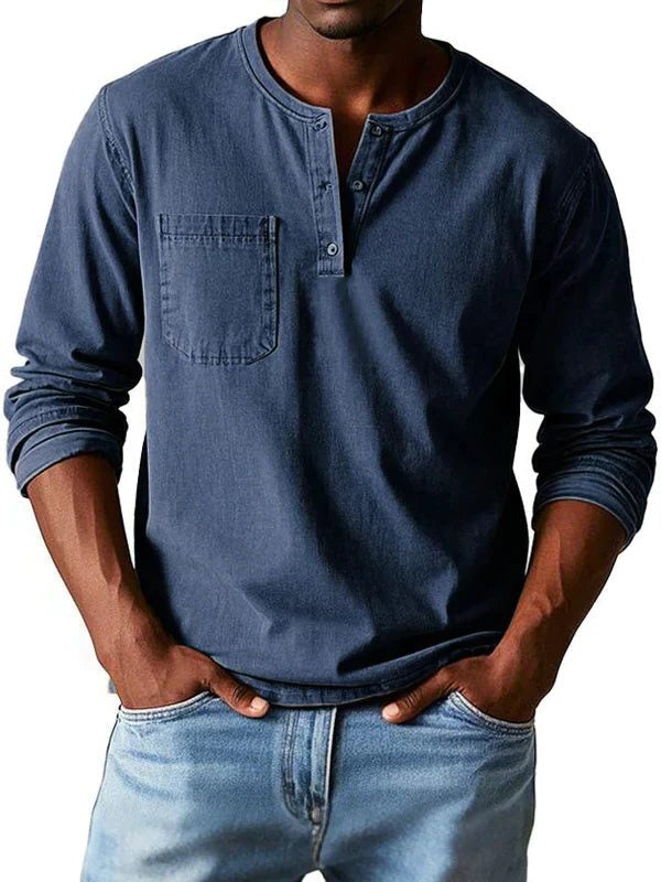 Henley Button-Front Long Sleeve Shirt for Men - Navy