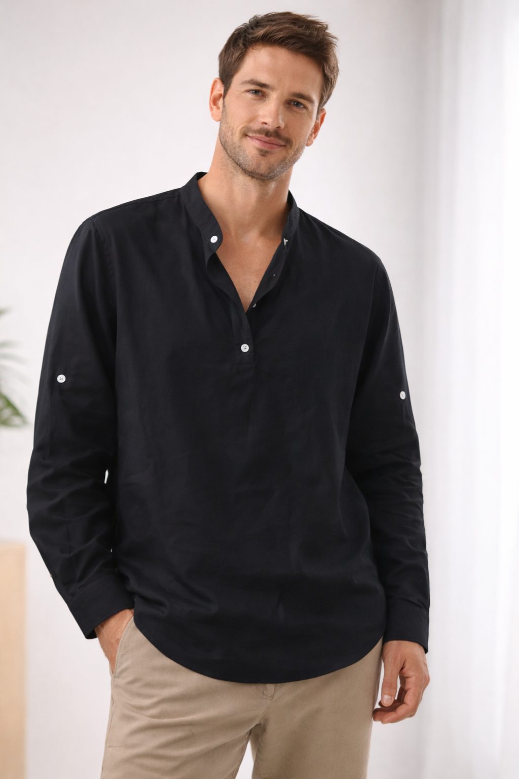 Henley Long Sleeve Shirt for Men - Schwarz