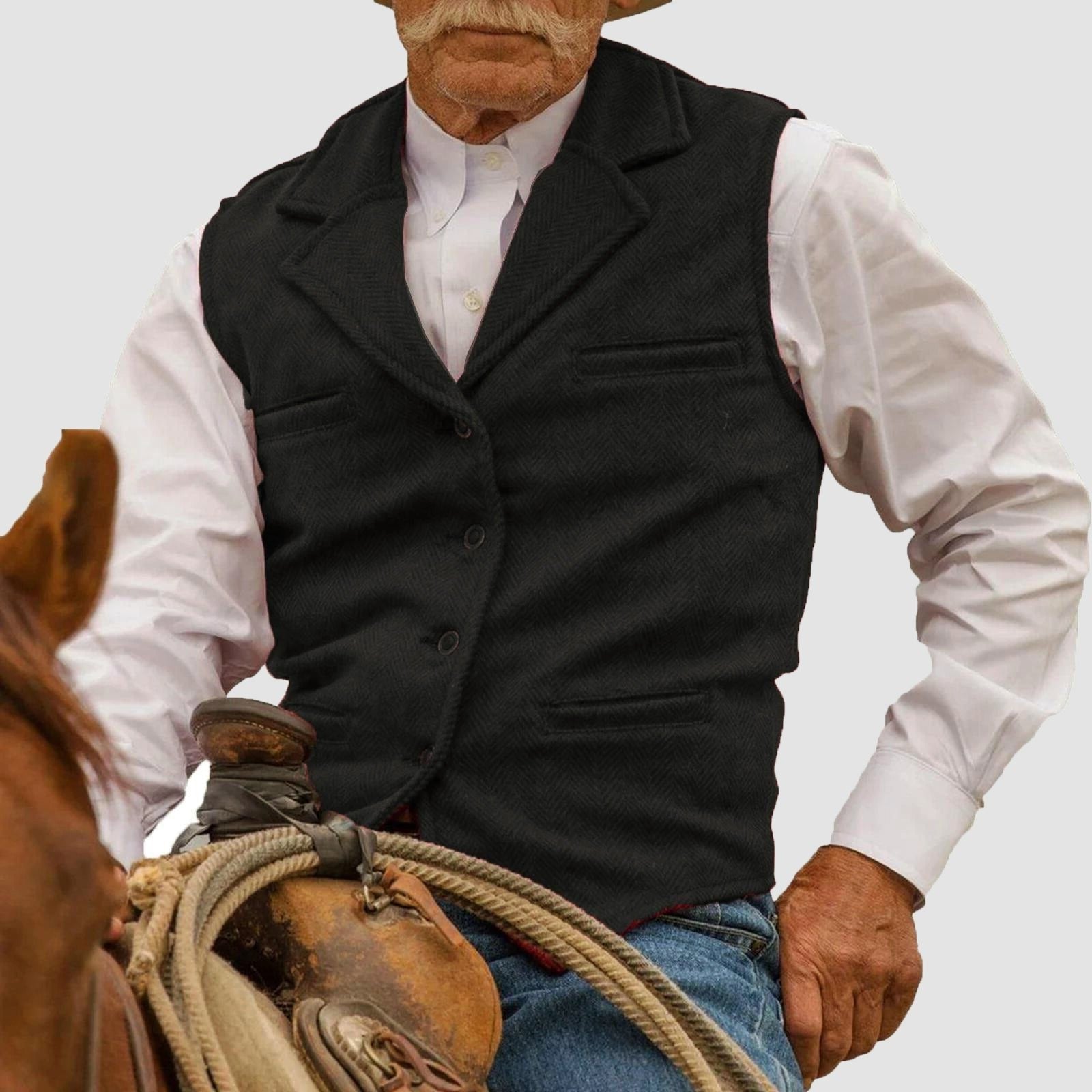 Herringbone Lapel Collar Button-Up Vest for Men - Black
