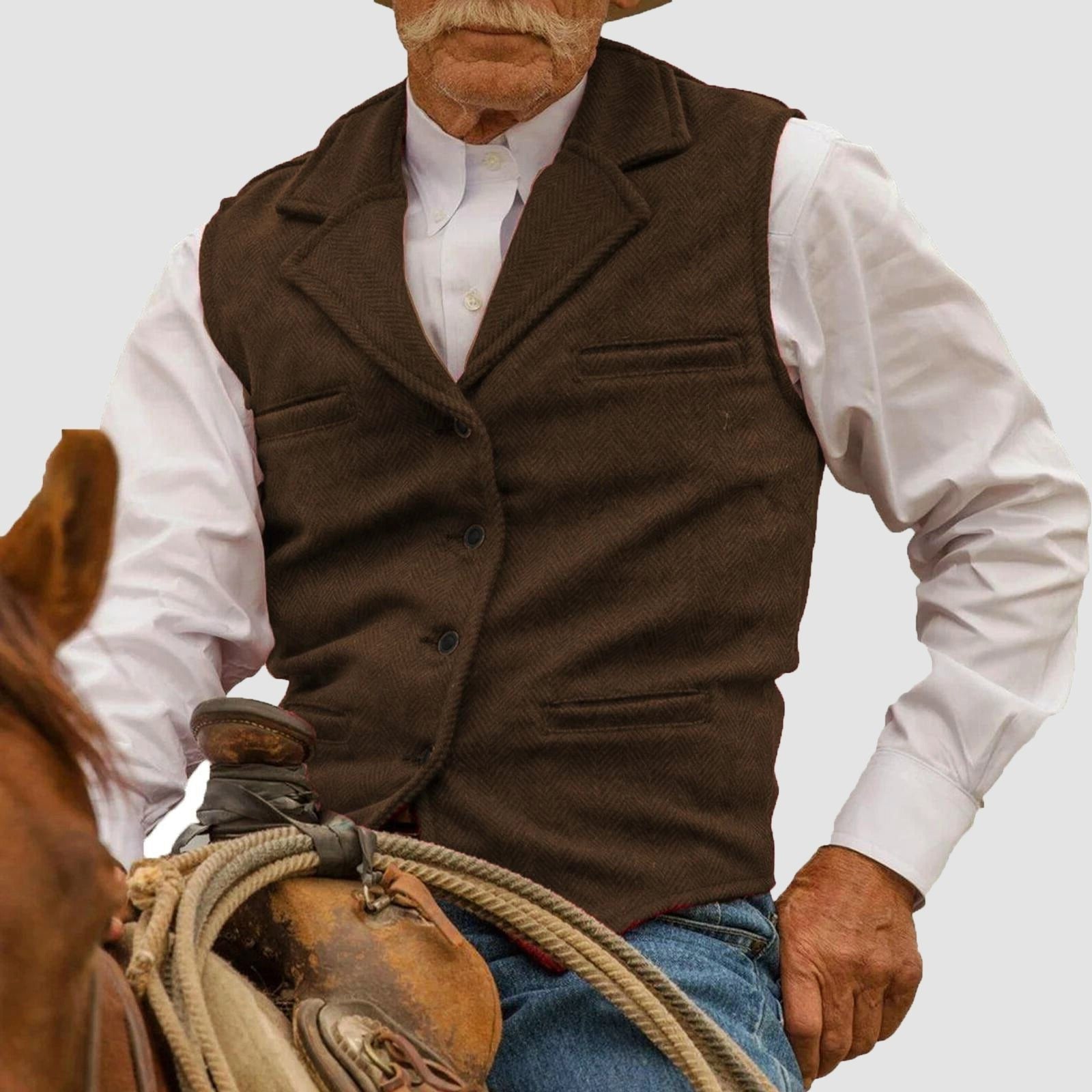 Herringbone Lapel Collar Button-Up Vest for Men - Brown
