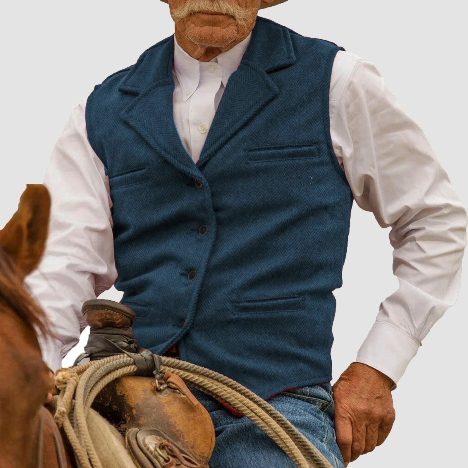 Herringbone Lapel Collar Button-Up Vest for Men - Blue