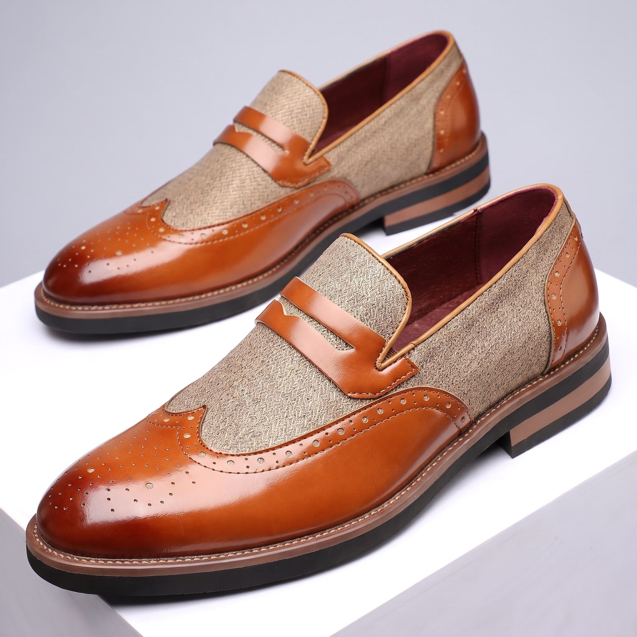 Herringbone Wingtip Brogue Penny Loafers for Men