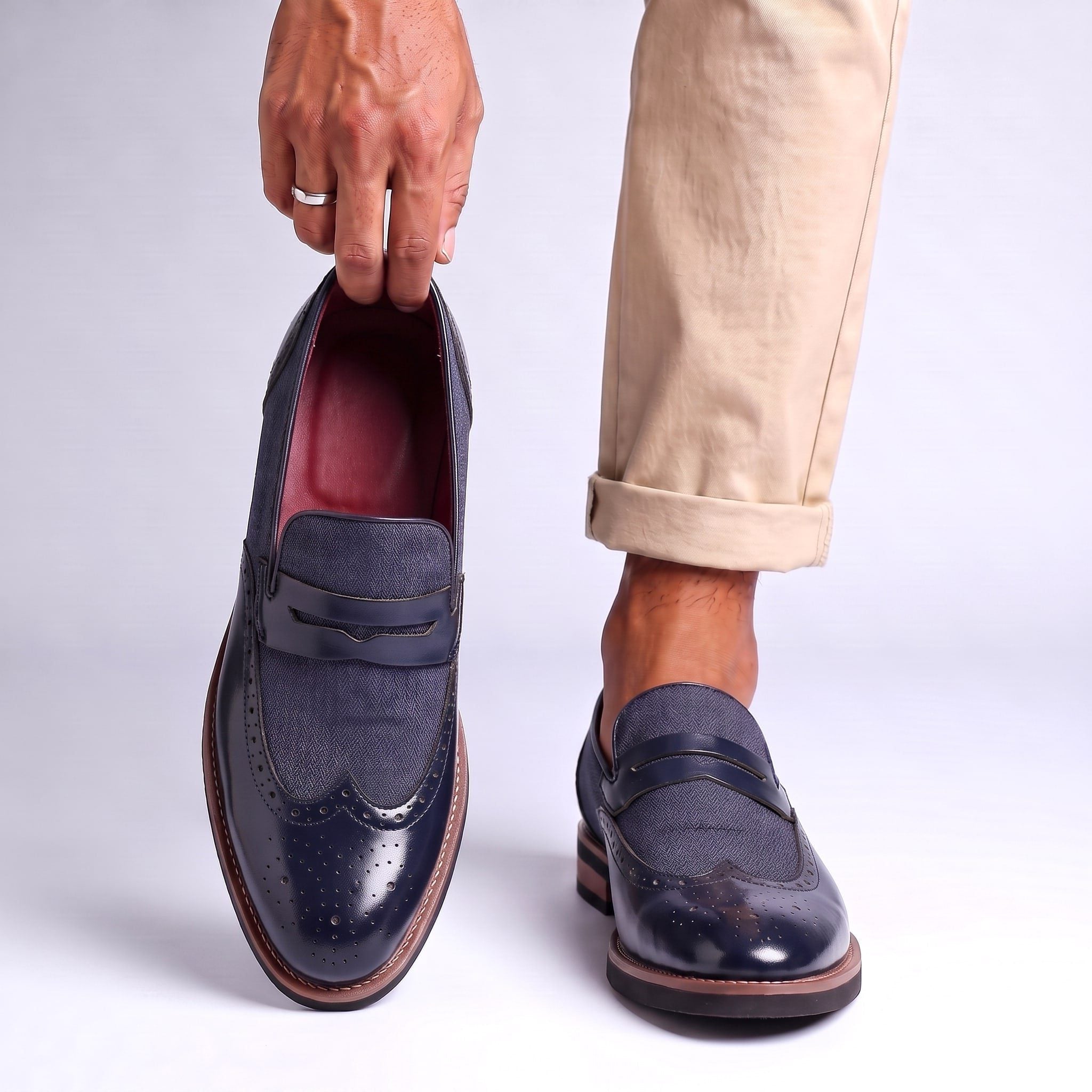 Herringbone Wingtip Brogue Penny Loafers for Men - View 10