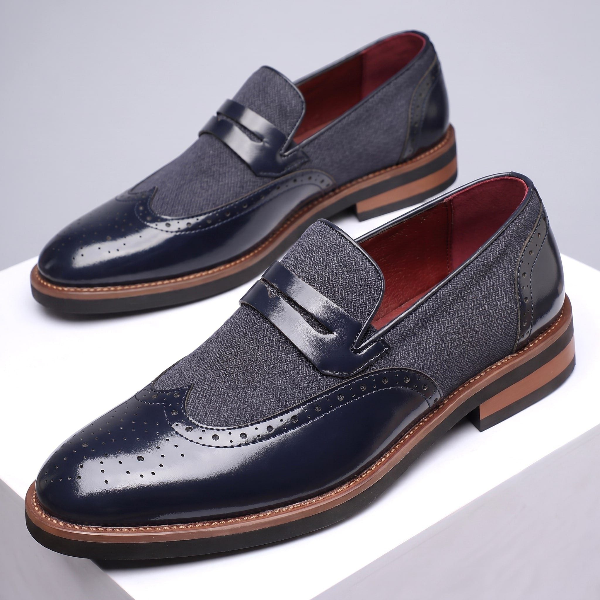 Herringbone Wingtip Brogue Penny Loafers for Men - Blue