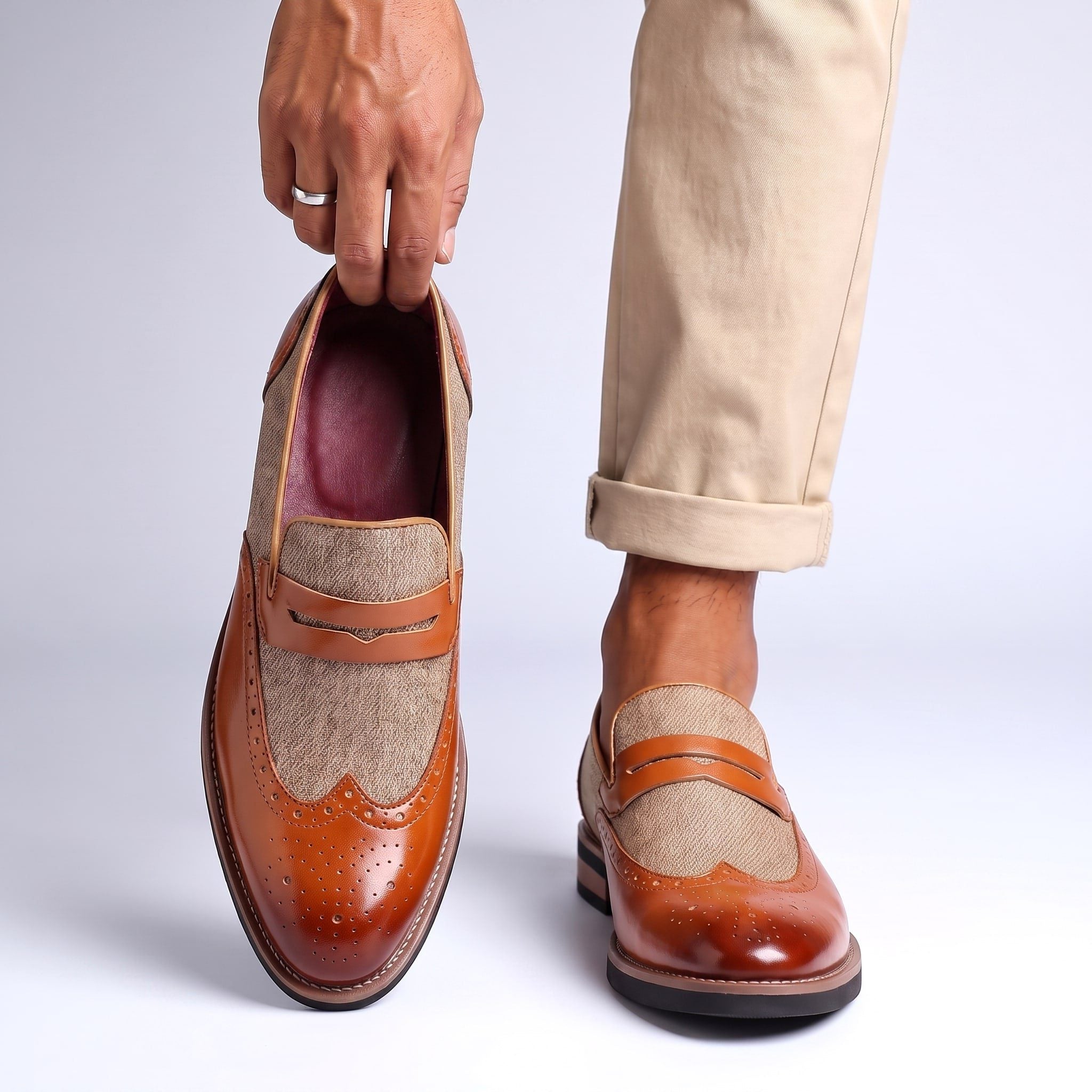 Herringbone Wingtip Brogue Penny Loafers for Men - View 2