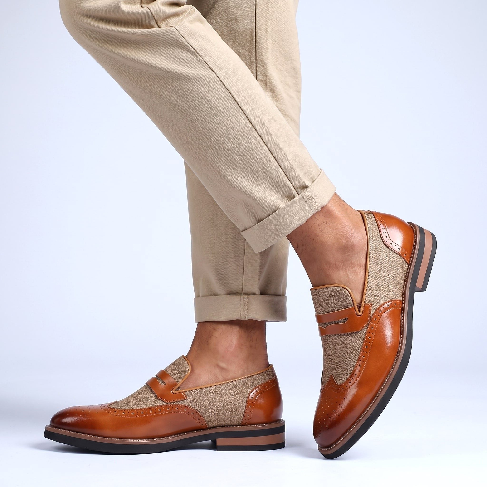 Herringbone Wingtip Brogue Penny Loafers for Men - View 3