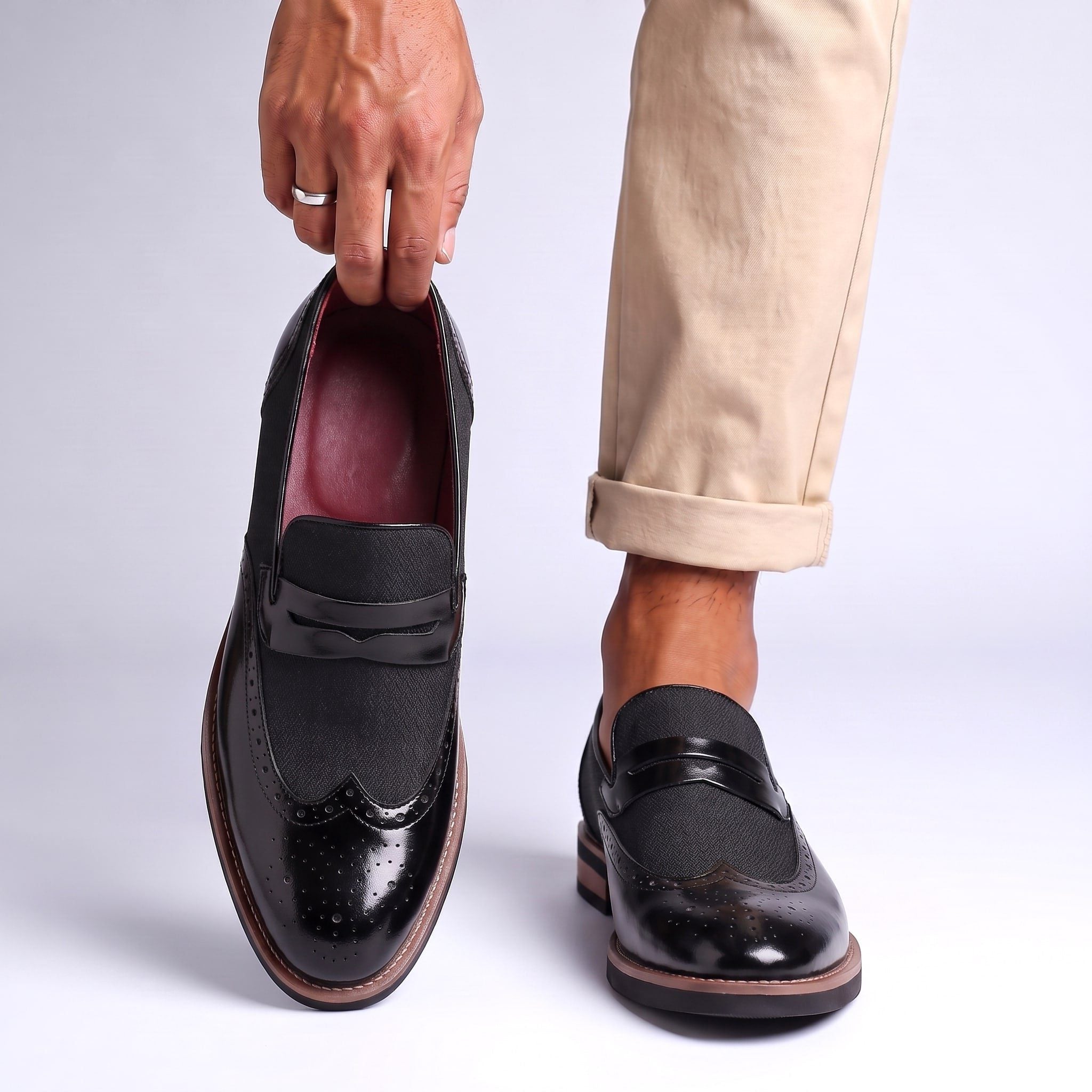 Herringbone Wingtip Brogue Penny Loafers for Men - View 7