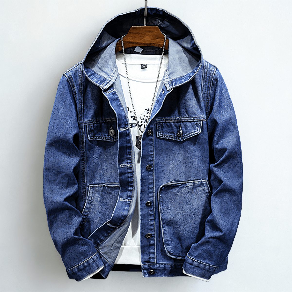 Hooded Denim Jacket with Chest Pockets for Men