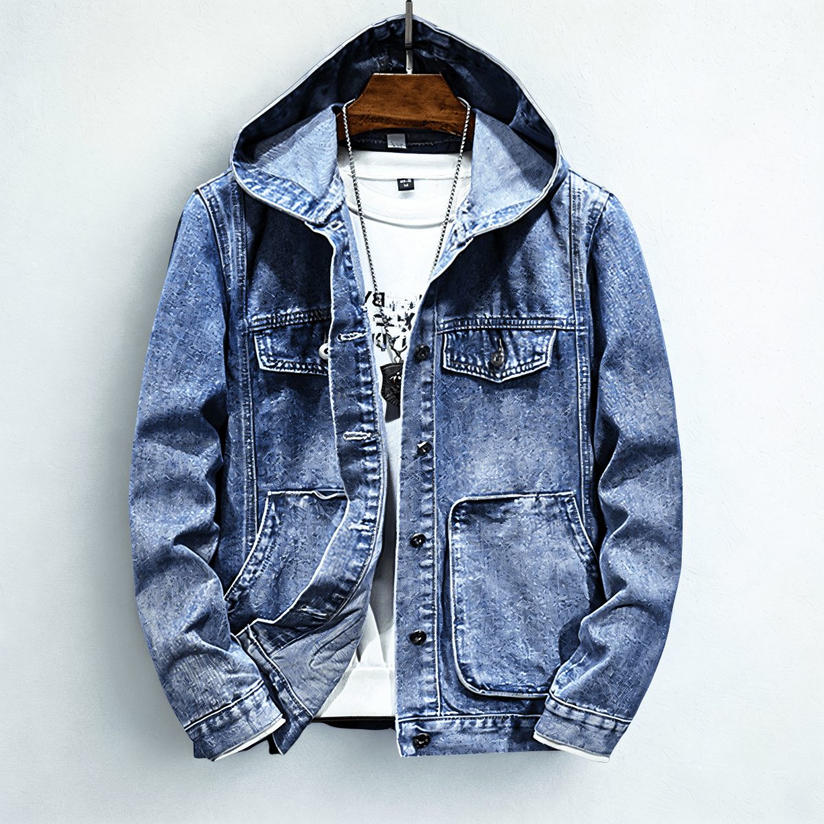 Hooded Denim Jacket with Chest Pockets for Men - Light Blue