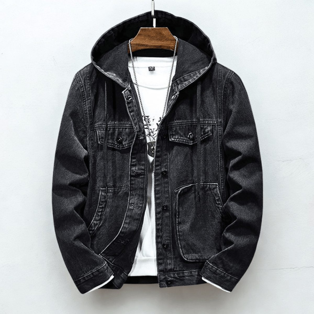 Hooded Denim Jacket with Chest Pockets for Men - Black