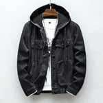 Hooded Denim Jacket with Chest Pockets for Men - Black