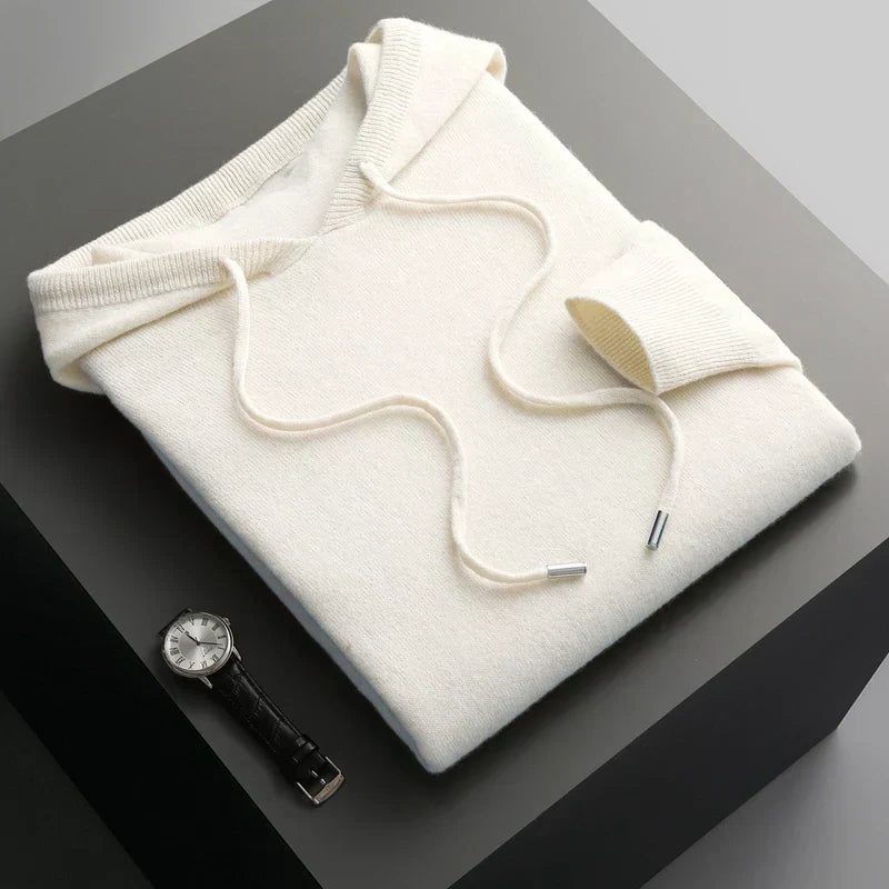 Hooded Knit Sweater with Drawstring and Long Sleeves for Men - White