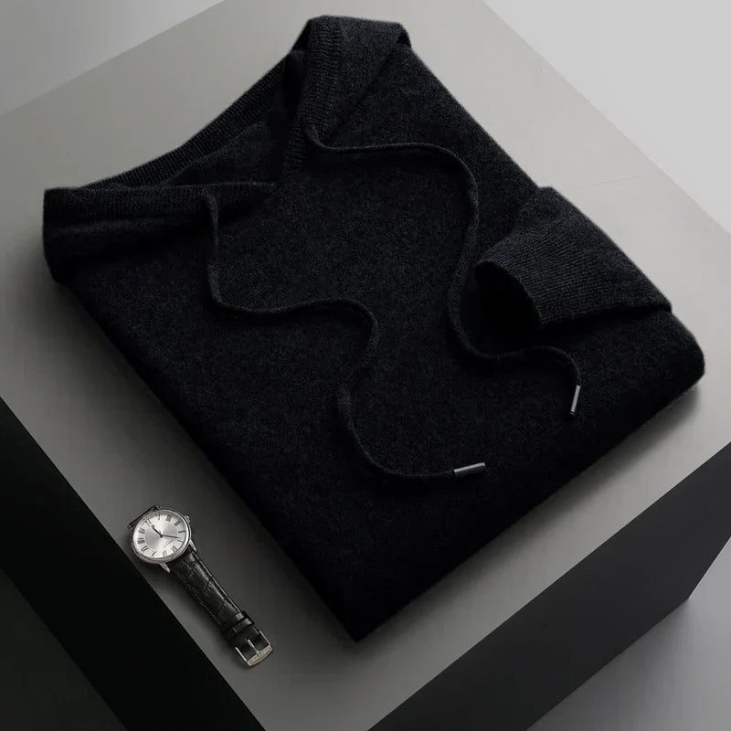 Hooded Knit Sweater with Drawstring and Long Sleeves for Men - Black