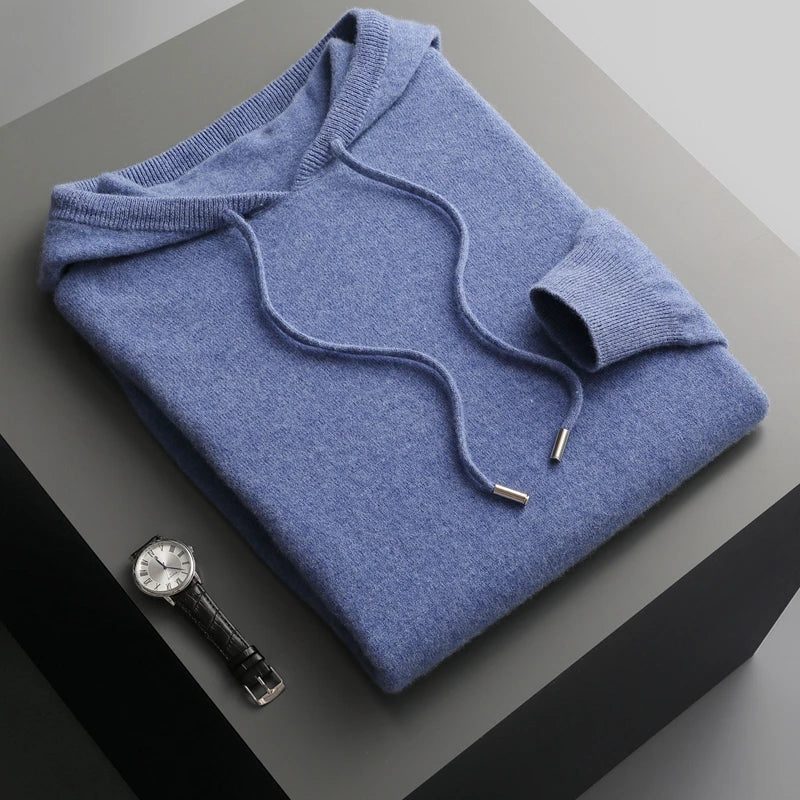 Hooded Knit Sweater with Drawstring and Long Sleeves for Men - Blue