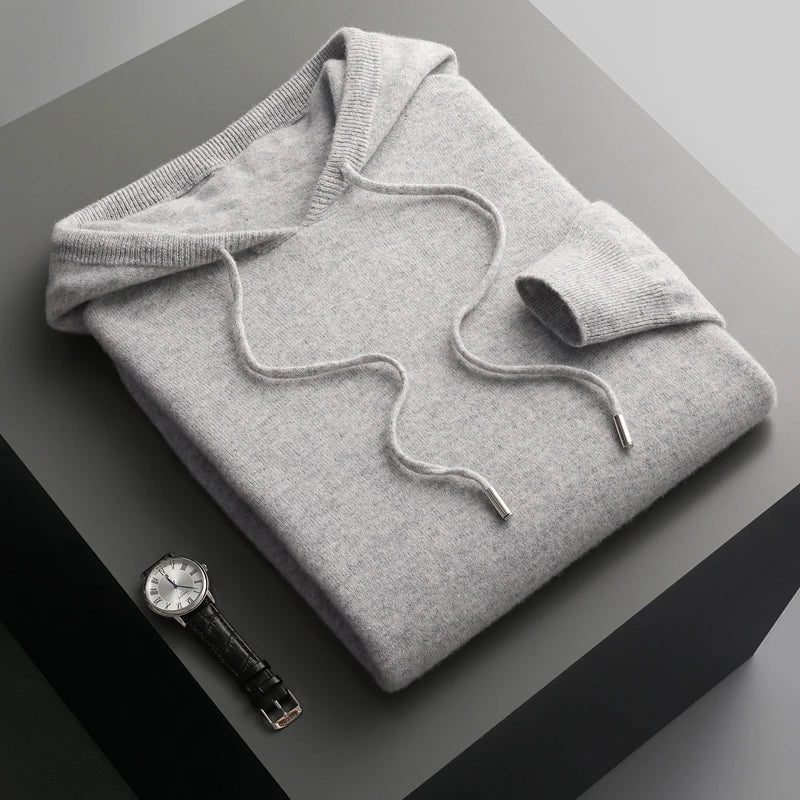 Hooded Knit Sweater with Drawstring and Long Sleeves for Men - Light Gray