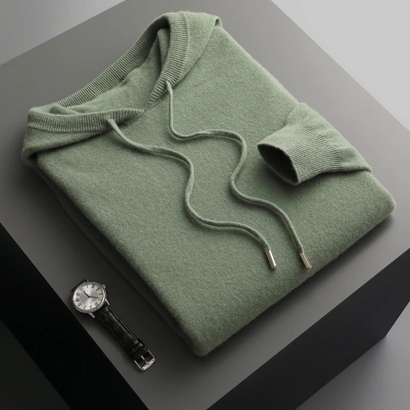 Hooded Knit Sweater with Drawstring and Long Sleeves for Men - Green
