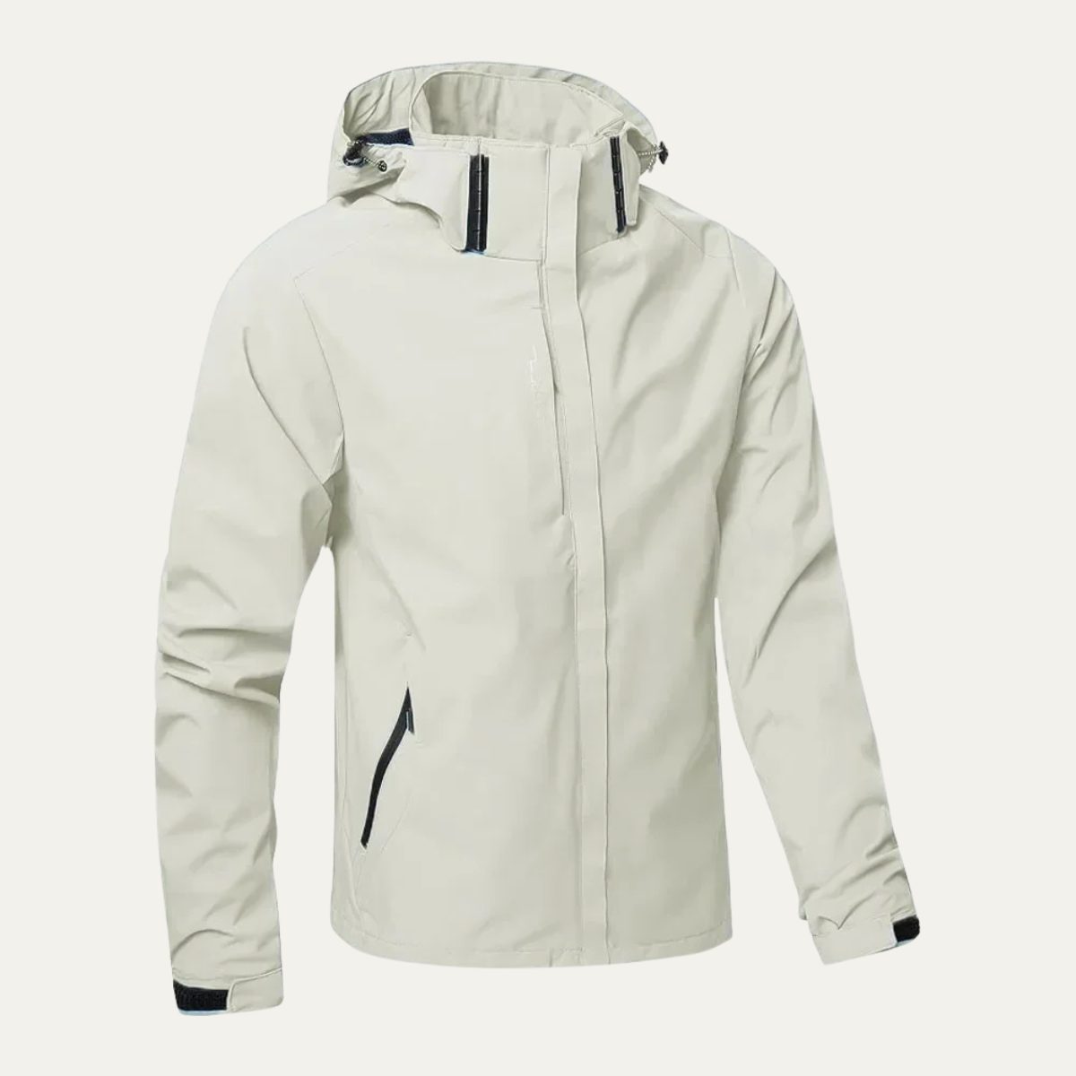 Hooded Rain Jacket with Zip-Up Front for Men - Beige