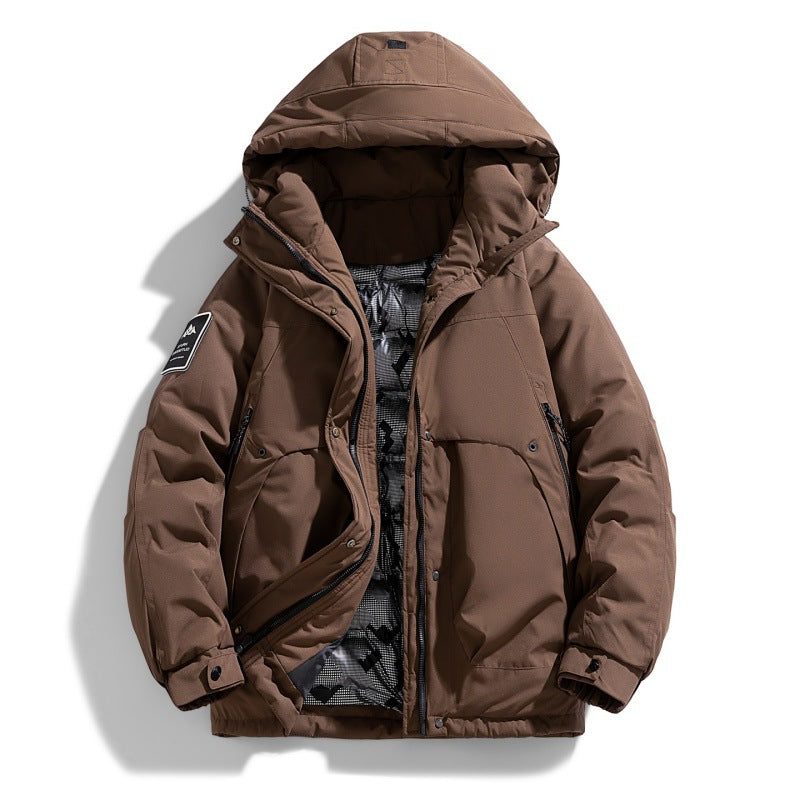 Hooded Winter Puffer Jacket with Stand Collar for Men - Coffee